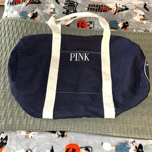 Pink by Victoria's Secret Canvas Duffle Bag Navy Weekender Travel Logo